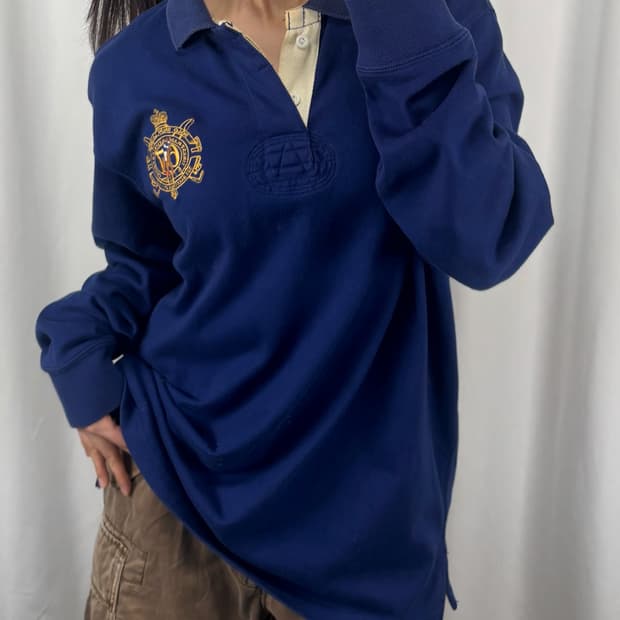 폴로 크레스트 자수 블루 긴팔 카라티