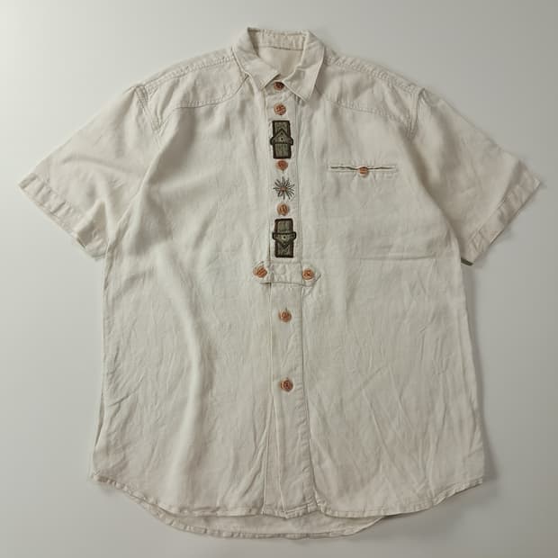 CA565 L 트라흐텐 90s 독일판 바바리안 린넨 반팔 셔츠 남방