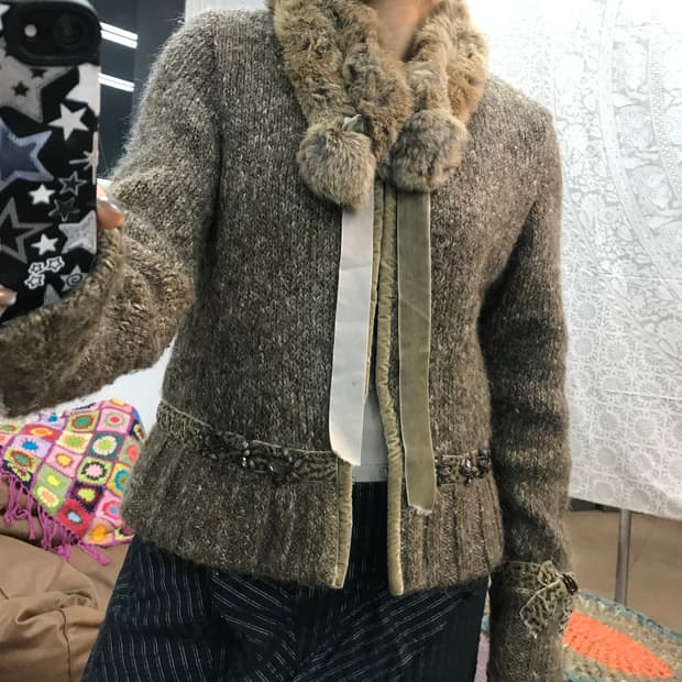 여성 빈티지 퍼 울 니트 가디건 