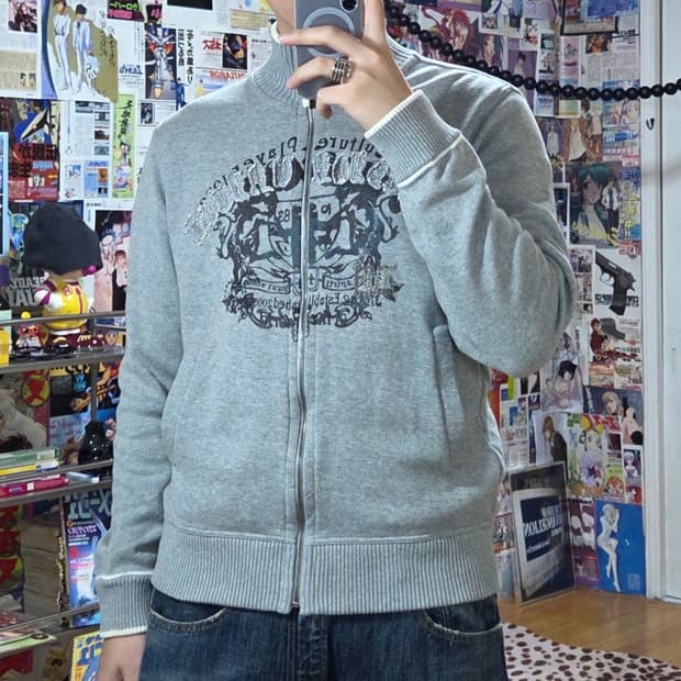 빈티지 펑크 프린팅 그레이 니트 코튼 집업
