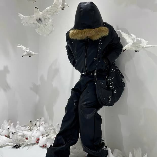 GROUPMAREK 레터링 와이드 레더 팬츠
