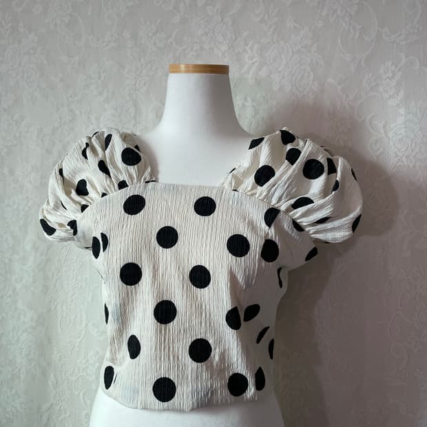 도트 퍼프 스모크 크롭 블라우스