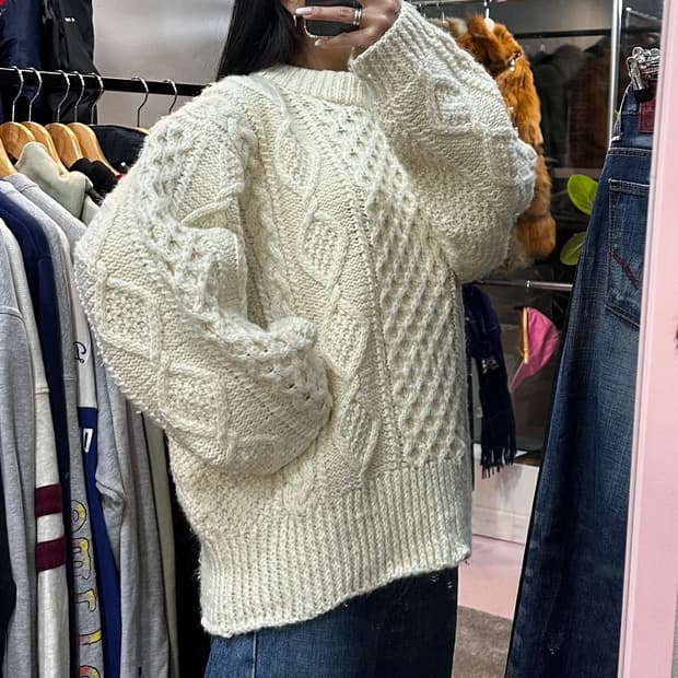 빈티지 핸드메이드 피셔맨 헤비 울 니트L