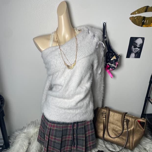 빈티지 연보라 리본 아일렛 앙고라니트