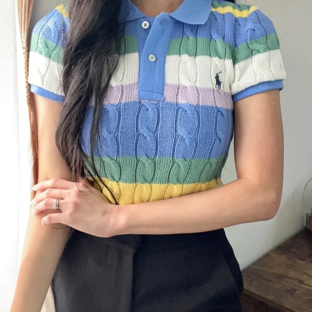 [M] 폴로 랄프로렌 스트라이프 케이블 니트 카라티