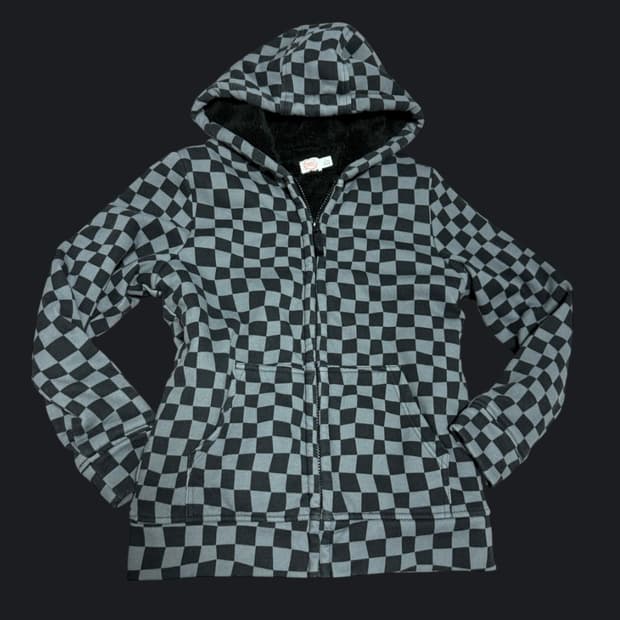블랙+그레이 체커보드 후드집업