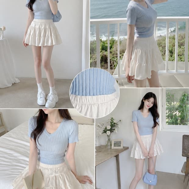 페일제이드 베이비블루 골지 브이넥 니트반팔티 +오트밀 캉캉 미니스커트S