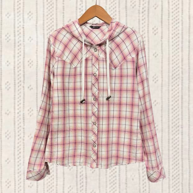 일본 빈티지 핑크 체크 글리터 모리걸 후드 셔츠