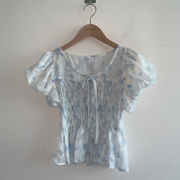 Floret shirring blouse top(sky blue)
