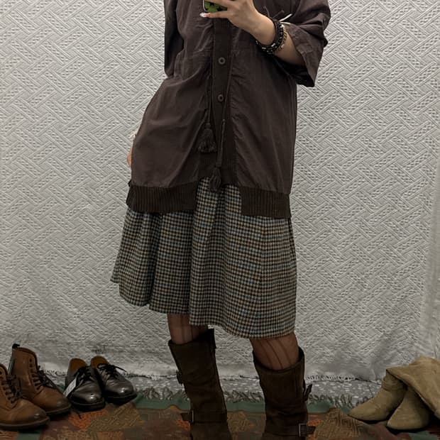 빈티지 캐주얼 코지 하운드체크 플리츠 미디스커트 K0034