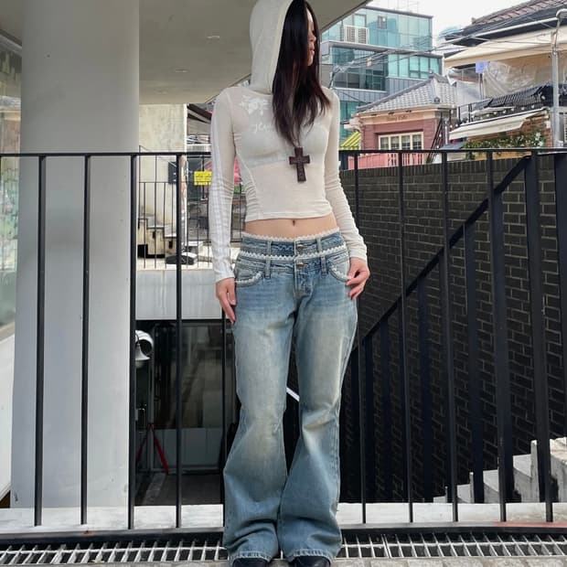 Double Waist Boots Cut Denim Mid Blue