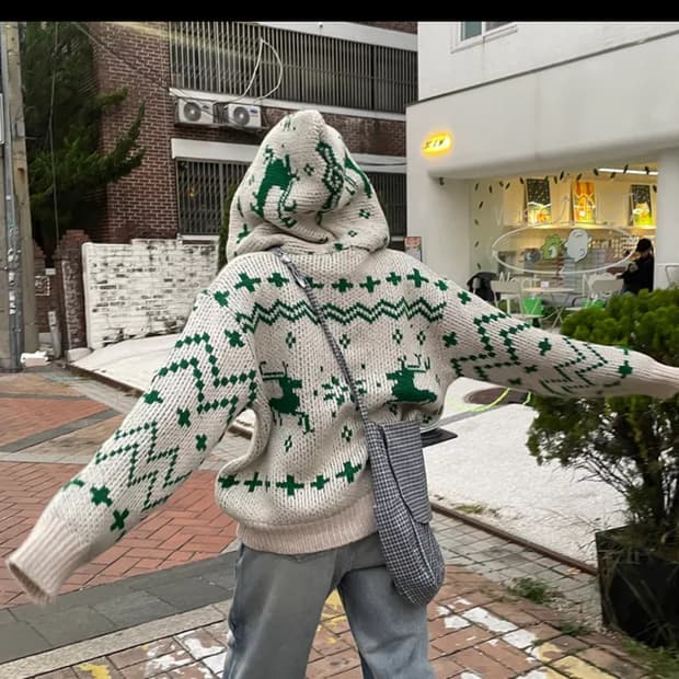 남녀공용 노르딕 후드 가디건 -그린 