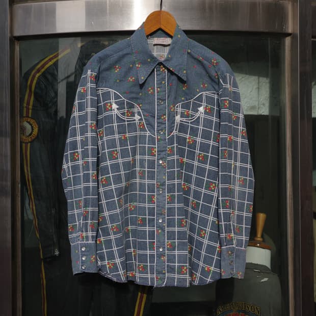 70‘s H ba C 플라워 에스넥 체크 웨스턴 셔츠