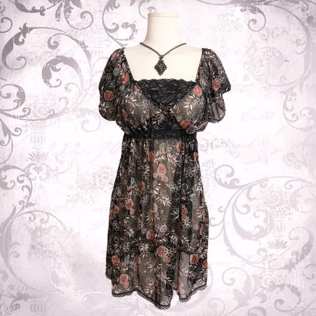 파우닝 빈티지 오리엔탈 블랙 은사 포인트 장미 오프숄더 시스루 원피스 