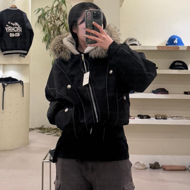 빈티지 퍼 후드 패딩 점퍼 블랙 