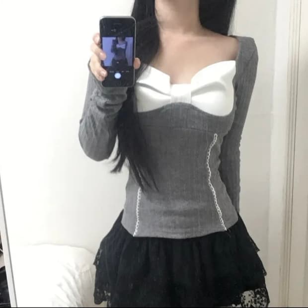 리본 그레이 레이스 긴팔티