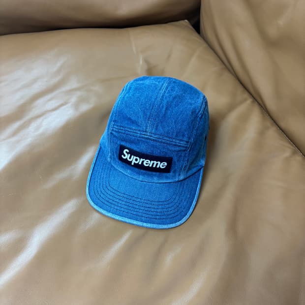 슈프림 캠프캡 모자 박스로고 워시드 데님
