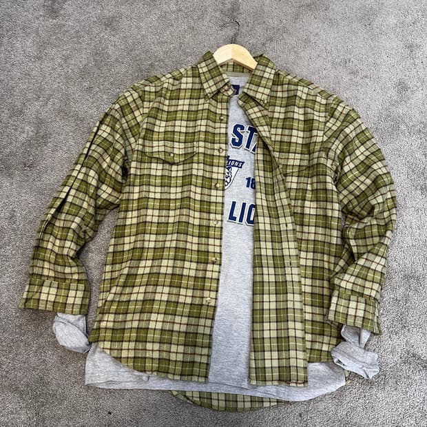 재패니즈vtg 올리브 카키 플란넬 체크 셔츠L