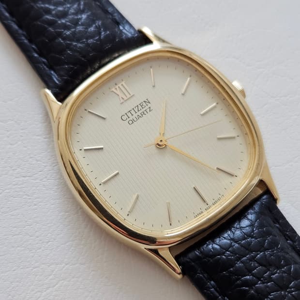빈티지 시티즌 쿼츠 금장 가죽 시계