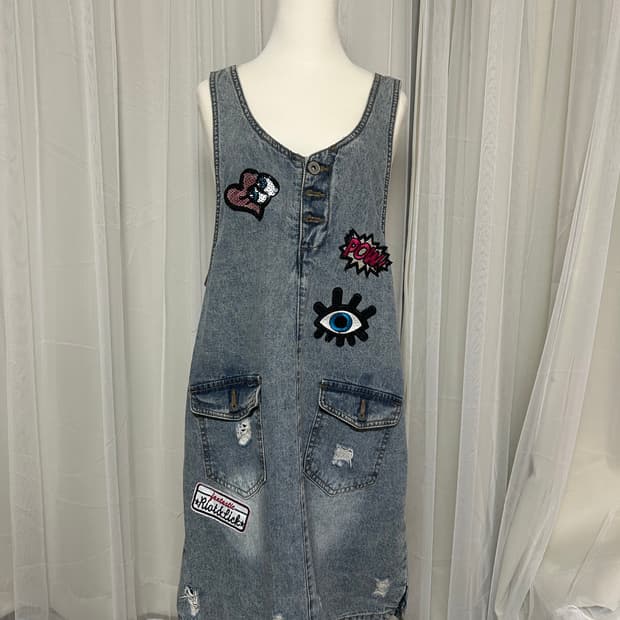 데님 패치워크 나시 원피스 하구미 오네갸루 모리걸