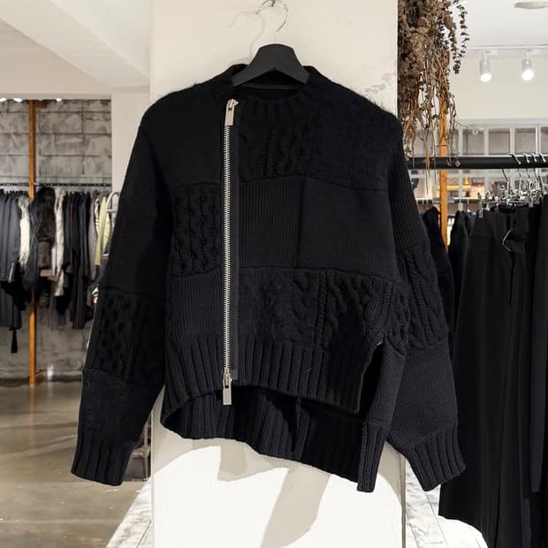 사카이 블랙 케이블 헤어리 믹스 패턴 집업 니트 가디건