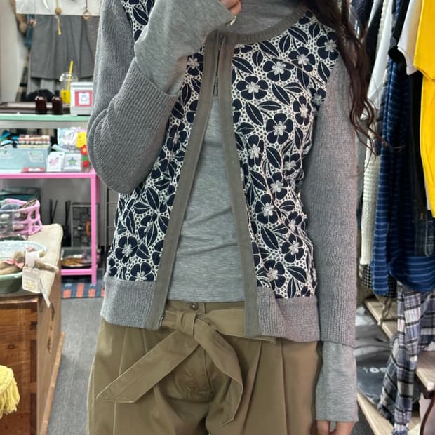 hbis 2way zip flower cardigan