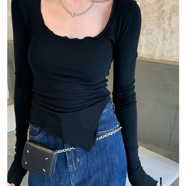 프릴 트임 골지 티셔츠