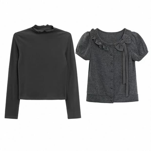 LOVEHEYNEW 스윗 리본 반팔 가디건 레이어드 세트