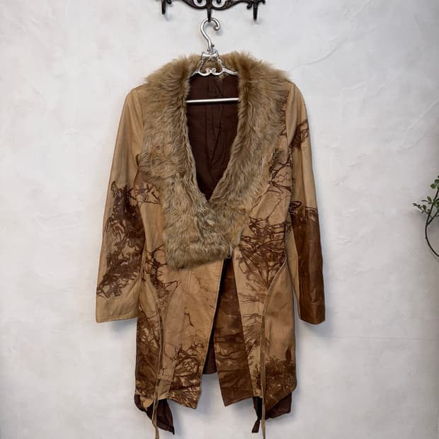 Beige brown tie dye lamb skin fur coat 