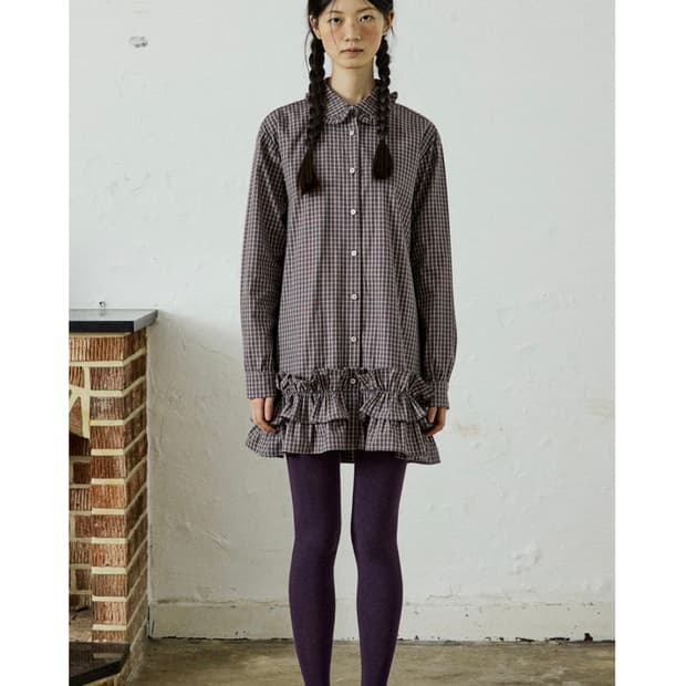 호쿠스포쿠스 Plum Check Trimming Shirt Dress