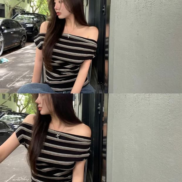 새상품) 에이블리 베이델리 스트라이프 오프숄더 반팔 티셔츠
