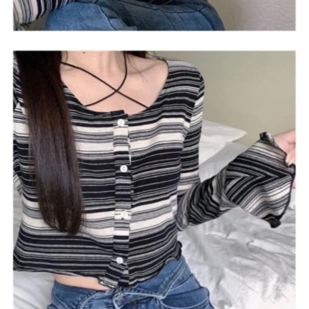 새상품) 에이블리 스트라이프 긴팔 크롭티셔츠