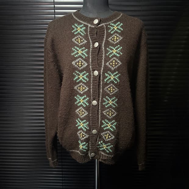 맥그리거 울 브라운 갈색 에스닉 웨스턴 민트 눈꽃 노르딕 가디건 L 일본