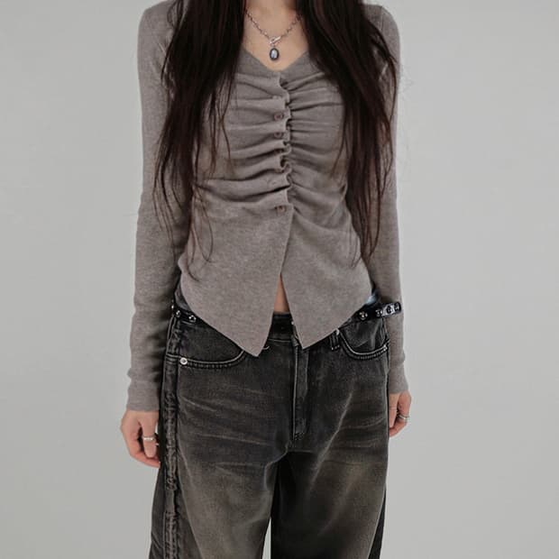 셔링 브이넥 가디건 니트