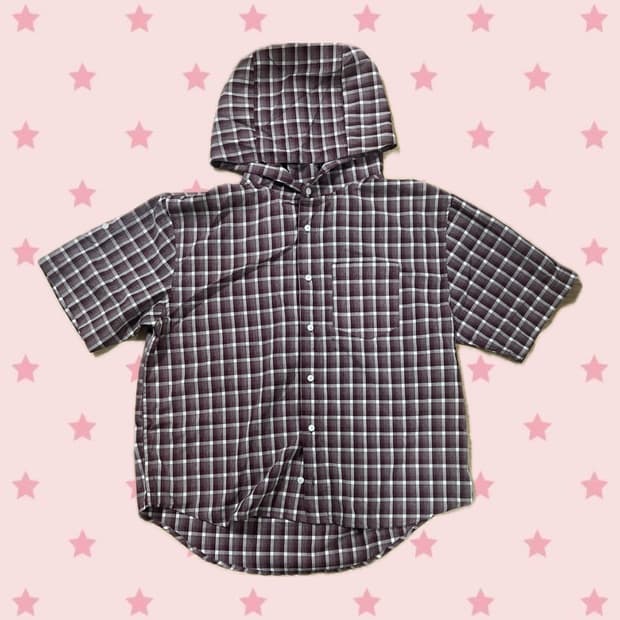 버튼 후드 체크 하프 셔츠