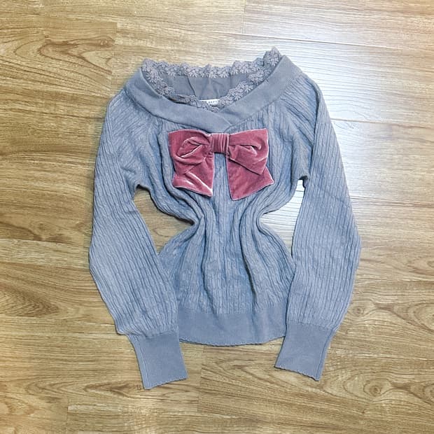 빈티지 엑시즈팜 그레이 레이스 니트 티셔츠 히메갸루 로걀 라떼 리본