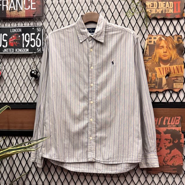 폴로 랄프로렌 스트라이프 긴팔 셔츠 네이비 포니 로고 포인트 그레이