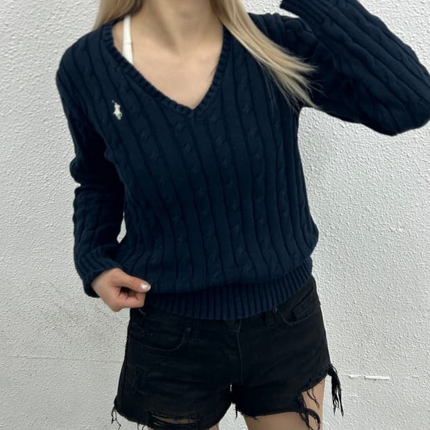 폴로 랄프로렌 화이트포니 네이비 꽈배기 브이니트 M