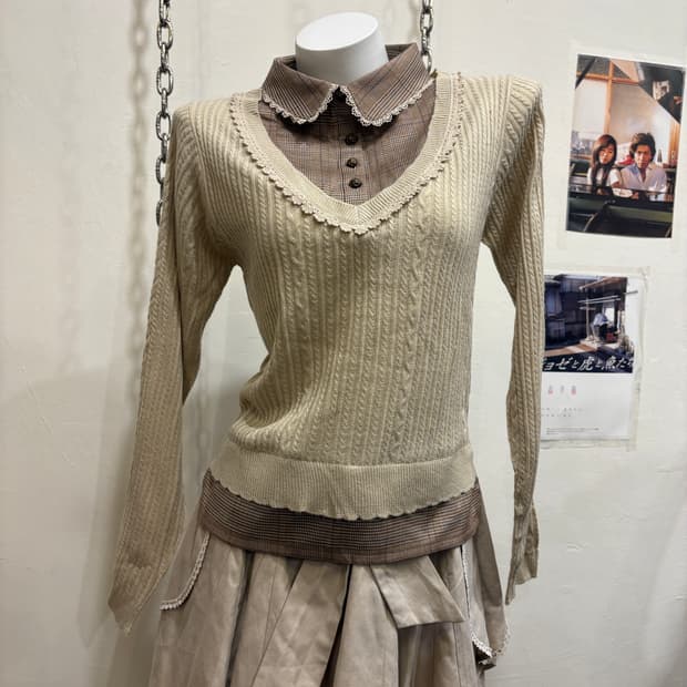 axes femme 엑시즈팜 체크 셔츠 레이어드 아이보리 니트 모리