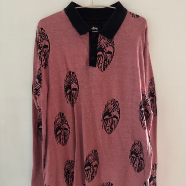 Stussy 핑크 마스크 패턴 긴팔 폴로 셔츠 L