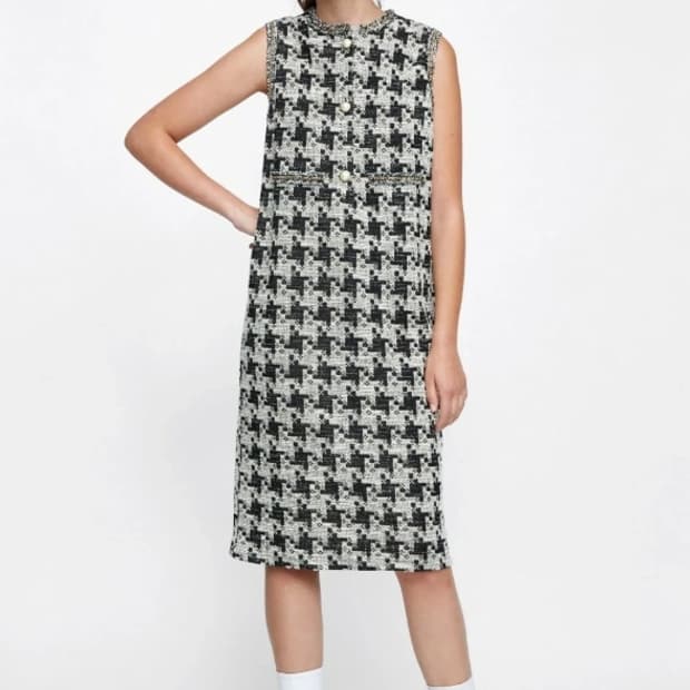 [새상품] ZARA 진주 버튼 하운드투스 체크 트위드 원피스 55