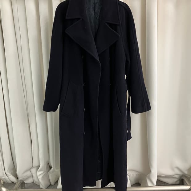  휴고 보스 네이비 버진 울 더블 브레스티드 롱코트 