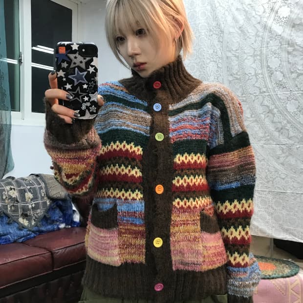 빈티지 여성 멀티컬러 하이넥 니트 가디건 