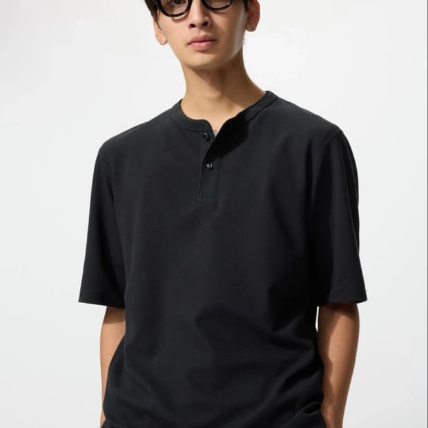 [4XL] 유니클로 헨리넥 반팔 드라이 와플 티셔츠 블랙
