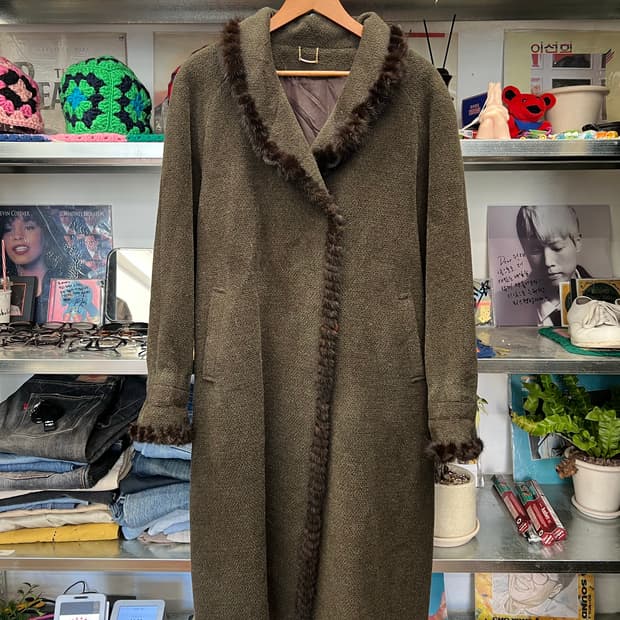 90s Vintage Fur Trim Wool Long Coat