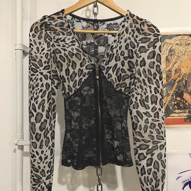 레오파드 패턴 시스루 레이스 집업 탑 갸루