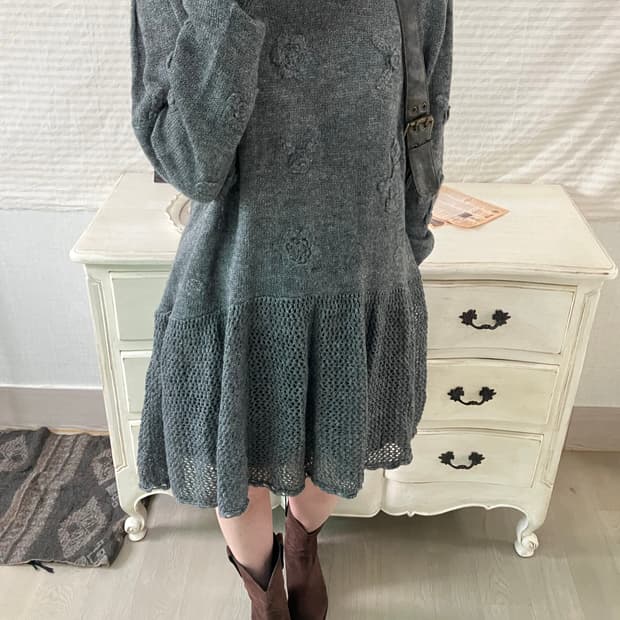 jpn vintage 차콜 플라워 패턴 펀칭 레이스 니트 원피스 y2k 