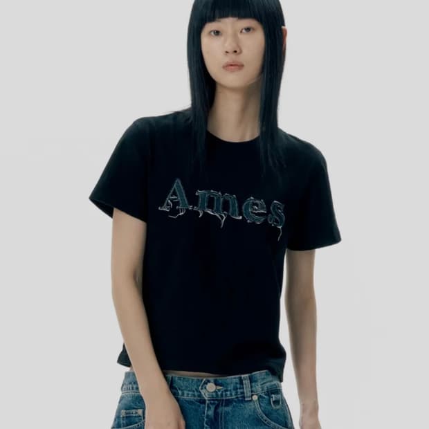 아메스 베이직 로고 데님 반팔티 (free)(2번 시착)