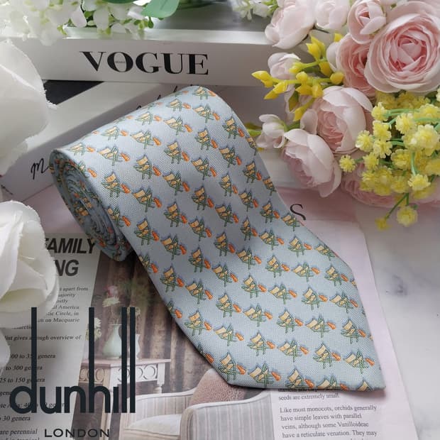 던힐 실크 하늘색 체어 모티브 넥타이 9.3cm B등급 K2334
