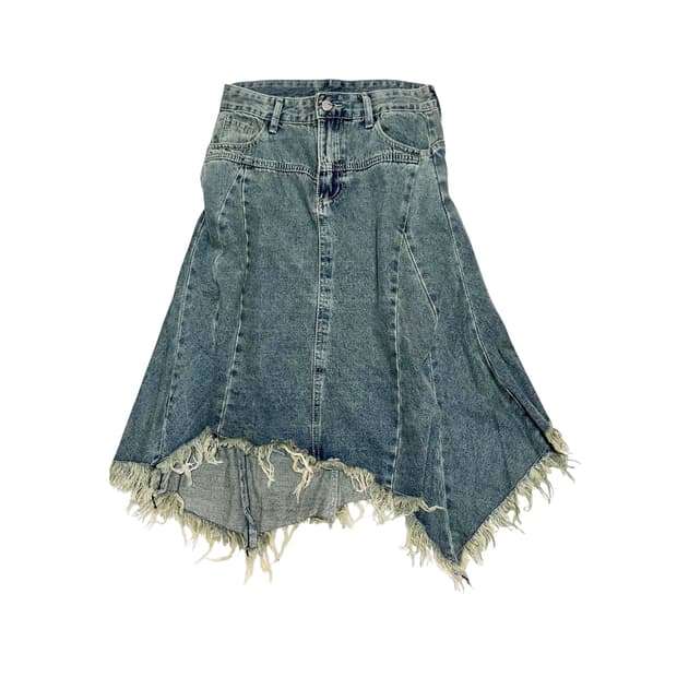 vintage washed unbalanced fringe skirt